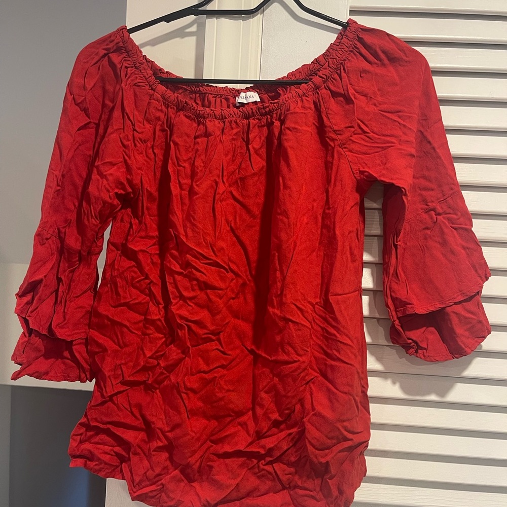 Women’s Red Off-Shoulder Ruffle Sleeve Blouse